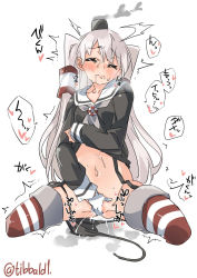 Rule 34 | 10s, 1girl, amatsukaze (kancolle), bad id, bad twitter id, black panties, blush, breath, closed eyes, closed mouth, clothes lift, cowboy shot, cropped legs, dress, dress lift, drooling, ebifurya, female ejaculation, female masturbation, garter straps, gloves, groin, hair tubes, heart, highres, inactive account, kantai collection, lifted by self, long hair, long sleeves, masturbation, navel, panties, pussy juice, sailor dress, saliva, side-tie panties, simple background, single glove, smoke, smokestack, solo, speech bubble, spoken heart, stomach, striped clothes, striped thighhighs, sweat, thighhighs, translation request, trembling, two side up, underwear, untied panties, white background, white gloves, white hair