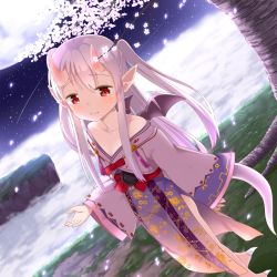 Rule 34 | 1girl, cherry blossoms, dragon tail, dragon wings, dutch angle, horns, japanese clothes, kidatsu! dungeons lord, long hair, looking at viewer, muku (muku-coffee), official art, oni horns, petals, red eyes, silver hair, smile, solo, tail, two side up, wings