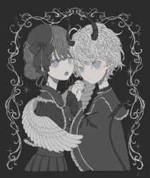 Rule 34 | 1boy, 1girl, black background, black coat, black dress, black nails, blue eyes, bow, brother and sister, coat, demon horns, dress, expressionless, fang, feathered wings, grey hair, hair bun, hat, hat bow, highres, holding hands, horns, interlocked fingers, open mouth, original, siblings, tilted headwear, twins, upper body, wavy hair, white hair, wings, yuge kemuri