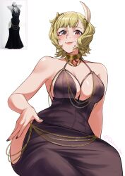 Rule 34 | 1girl, absurdres, alternate costume, blonde hair, breasts, brown dress, citrinne (fire emblem), cleavage, deliciousbrain, dress, earrings, feather hair ornament, feathers, fire emblem, fire emblem engage, gold choker, hair ornament, highres, hoop earrings, jewelry, large breasts, mismatched earrings, nintendo, red eyes, wing hair ornament