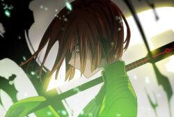 Rule 34 | 1girl, axe, baria kyooo, battle axe, blurry, blurry background, bob cut, brown hair, carrying over shoulder, detached sleeves, from side, frown, gloves, glowing, glowing weapon, green eyes, green gloves, green theme, hand up, inverted bob, konami kirie, light particles, liquid, looking down, portrait, profile, shards, short hair, solo, weapon, world trigger