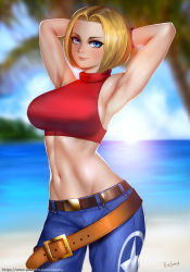 Rule 34 | 1girl, armpits, beach, belt, blonde hair, blue eyes, blue mary, breasts, closed mouth, crop top, denim, easonx, fatal fury, gloves, groin, highres, jeans, large breasts, looking at viewer, midriff, navel, pants, short hair, sideboob, sleeveless, smile, solo, the king of fighters