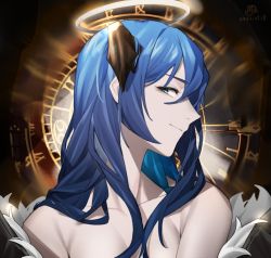 Rule 34 | 1girl, arknights, black jacket, blue eyes, blue hair, breasts, chinese commentary, clock, closed mouth, demon horns, fur-trimmed jacket, fur trim, halo, horns, jacket, long hair, looking at viewer, medium breasts, mochusama1, mostima (arknights), naked jacket, off shoulder, open clothes, open jacket, portrait, roman numeral, smirk, solo, upper body