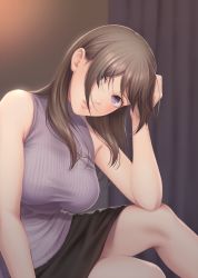 Rule 34 | 1girl, bare shoulders, black skirt, breasts, brown hair, curtains, edogawa roman, elbow on knee, grey sweater, hair over one eye, hand up, head rest, head tilt, highres, indoors, knee up, lips, long hair, looking at viewer, medium breasts, mole, mole under mouth, original, pencil skirt, purple eyes, ribbed sweater, sitting, skirt, sleeveless, sleeveless turtleneck, smile, solo, sweater, sweater vest, taut clothes, turtleneck, turtleneck sweater