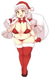 Rule 34 | 1girl, :d, bag, bikini, blush, bokujou monogatari, breasts, brown eyes, character request, christmas, cleavage, full body, huge breasts, leaning forward, long hair, looking at viewer, navel, open mouth, plump, red bikini, red thighhighs, rtil, santa bikini, silver hair, smile, solo, standing, swimsuit, thick thighs, thighhighs, thighs, twintails