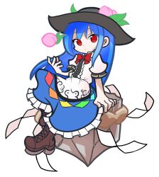 Rule 34 | 1girl, black headwear, blue hair, blue skirt, bow, bowtie, brown footwear, center frills, closed mouth, commentary, cross-laced footwear, food, frills, fruit, full body, hinanawi tenshi, keystone, leaf, long hair, looking at viewer, parody, peach, puyopuyo, rainbow order, red bow, red bowtie, red eyes, shinmon akika, shirt, short sleeves, simple background, sitting, skirt, solo, style parody, touhou, white background, white shirt
