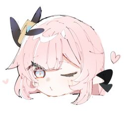 Rule 34 | 1girl, blush, closed mouth, commentary request, elf, elysia (honkai impact), elysia (miss pink elf) (honkai impact), hair ornament, head only, heart, honkai (series), honkai impact 3rd, long hair, looking at viewer, nyayou amanatto, one eye closed, pink hair, pointy ears, simple background, solo, white background, white eyes