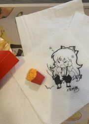 Rule 34 | 1girl, anger vein, angry, bow, closed eyes, collared shirt, commentary, fingernails, food, french fries, fujiwara no mokou, full body, hair bow, highres, jokanhiyou, long hair, mcdonald&#039;s, motion lines, napkin, no nose, open mouth, pants, photo (medium), puffy short sleeves, puffy sleeves, shirt, shoes, short sleeves, signature, sketch, solo, standing, suspenders, symbol-only commentary, tantrum, touhou, traditional media, unconventional media