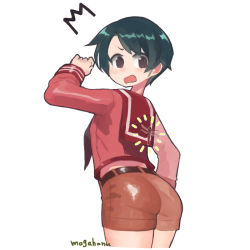 Rule 34 | &gt;:o, 1girl, arm up, artist name, ass, black eyes, bug, cropped legs, dragonfly, from behind, green hair, bug, kantai collection, long sleeves, looking back, mogami (kancolle), mogamiya honu, sailor collar, short hair, shorts, simple background, ^^^, v-shaped eyebrows, white background