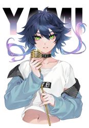 Rule 34 | 1boy, blue hair, blue jacket, clothes lift, collar, collarbone, commission, jacket, long hair, microphone, midriff, multicolored hair, navel, open clothes, open jacket, ryoune yami, shirt, shirt lift, stomach, t-shirt, trap, ultracat, utau, white shirt