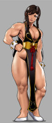 Rule 34 | 1girl, alternate costume, annoyed, biceps, black hair, bracelet, braid, capcom, cessa, chinese clothes, chun-li, commentary, commission, curvy, dress, english commentary, grey background, halter dress, halterneck, hand on own hip, jewelry, long hair, muscular, muscular female, no bra, no panties, parted lips, pelvic curtain, shadow, shoes, side braids, simple background, solo, spiked bracelet, spikes, street fighter, thighs, white footwear, wide hips