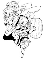 2girls backpack bag belt boots cloak commentary crossover dragon_ball dragon_ball_daima dragon_quest dragon_quest_builders_2 dress earrings female_builder_(dqb2) floating_clothes floating_hair fringe_trim hair_pulled_back hair_ribbon hammer holding holding_hammer hoop_earrings jewelry leg_up monochrome multiple_girls nanika_(nnkgh) neckerchief overalls pansy_(dragon_ball_daima) pointy_ears ribbon sketch symbol-only_commentary thighhighs trait_connection twintails