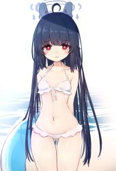 Rule 34 | 1girl, ahoge, arms behind back, bare shoulders, bikini, black hair, blue archive, closed mouth, collarbone, front-tie bikini top, front-tie top, gluteal fold, halo, headgear, highres, innertube, le xue, long hair, looking at viewer, miyu (blue archive), navel, red eyes, solo, swim ring, swimsuit, thigh gap, transparent, very long hair, water, white background, white bikini