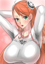 Rule 34 | 1girl, aida rayhunton, arms up, bad id, bad pixiv id, bodysuit, breasts, green eyes, gundam, gundam g no reconguista, highres, huge breasts, large breasts, long hair, looking at viewer, open mouth, red hair, shiva (tairakuten), skull, solo, steam, sweat