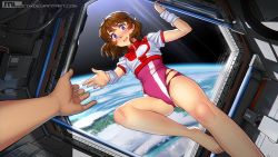 Rule 34 | 1girl, 1other, bare legs, barefoot, blue eyes, blush, breasts, brooke (mleth), brown hair, cosplay, crop top, leotard, leotard under clothes, mleth, paid reward available, pink leotard, pov, pov hands, small breasts, solo focus, space, spacecraft interior, takaya noriko, takaya noriko (cosplay), top wo nerae!