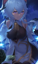 Rule 34 | 1girl, bare shoulders, bell, black gloves, blue hair, bodystocking, breasts, closed mouth, cowbell, cowboy shot, detached sleeves, ganyu (genshin impact), genshin impact, gloves, glowing, hair between eyes, highres, horns, impossible clothes, large breasts, long hair, long sleeves, looking away, looking to the side, mamima, night, night sky, purple eyes, sky, smile, solo, sparkle, star (sky), starry sky, very long hair