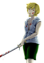 Rule 34 | 1girl, bad id, bad pixiv id, blonde hair, blood, breasts, cleavage, female focus, heather mason, highres, katana, medium breasts, short hair, silent hill, silent hill (series), silent hill 3, simple background, smile, solo, sword, weapon, white background