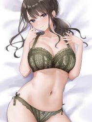 Rule 34 | 1girl, bare arms, bare shoulders, bed sheet, blue eyes, blush, bra, breasts, brown hair, cleavage, closed mouth, collarbone, commentary request, cowboy shot, from above, green bra, green panties, head tilt, highres, kayanomomo, large breasts, lingerie, long hair, looking at viewer, low ponytail, lying, navel, on back, on bed, original, panties, smile, solo, stomach, underwear, underwear only