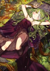 Rule 34 | 1girl, armpits, bandages, bandage over one eye, bare shoulders, blush, boots, breasts, dress, evelyn (unlight), eyepatch, grass, green hair, gwayo, highres, long hair, looking at viewer, lying, moss, on back, open mouth, plant, purple dress, small breasts, solo, unlight, vines, wand