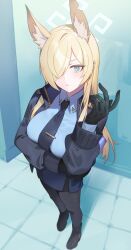 Rule 34 | 1girl, animal ears, black footwear, black gloves, black pantyhose, blonde hair, blue archive, blue necktie, blue shirt, blue skirt, closed mouth, collared shirt, extra ears, from above, full body, gloves, green eyes, hair over one eye, halo, highres, jacket, kanna (blue archive), long hair, long sleeves, looking at viewer, necktie, open clothes, open jacket, pantyhose, pencil skirt, shirt, skirt, solo, tie clip, tile floor, tiles, yuura