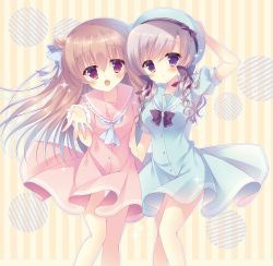 Rule 34 | 2girls, blush, bow, breasts, brown hair, closed mouth, commentary request, dress, hair between eyes, hair bow, hat, long hair, looking at viewer, multiple girls, open mouth, original, purple eyes, sailor dress, smile, sumii