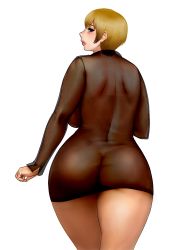 Rule 34 | 1girl, ass, blonde hair, blue eyes, breasts, brown hair, butt crack, curvy, from behind, hip focus, huge ass, huge breasts, lips, looking back, matoyama, plump, see-through, short hair, sideboob, solo, standing, thick thighs, thighs, wide hips