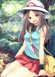 Rule 34 | 1girl, bag, bare shoulders, blue shirt, blush, breasts, brown eyes, brown hair, creatures (company), game freak, hat, leaf (pokemon), long hair, looking at viewer, matching hair/eyes, medium breasts, nintendo, open mouth, outdoors, pleated skirt, pokemon, pokemon rgby, red skirt, shirt, sitting, skirt, sleeveless, sleeveless shirt, smile, solo, tree, white hat, wristband, xe-cox, yellow bag