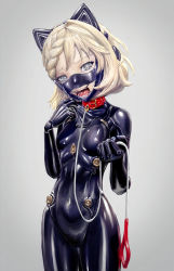 Rule 34 | 1girl, animal ears, artist request, bdsm, black bodysuit, blonde hair, bodysuit, bondage, bound, collar, crying, crying with eyes open, dental gag, drooling, fake animal ears, gag, gagged, highres, latex, leash, looking at viewer, mask, mouth drool, plugsuit, pulling at clothes, slave, tears