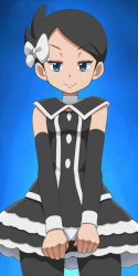Rule 34 | 1girl, awa, black dress, black hair, black legwear, blue background, blue eyes, bow, breasts, cowboy shot, creatures (company), detached collar, detached sleeves, dress, female focus, game freak, gothic lolita, hair bow, hair ornament, half-closed eyes, jpeg artifacts, lolita fashion, looking at viewer, marley (pokemon), nintendo, pokemon, pokemon dppt, short hair, simple background, small breasts, smile, solo, standing, white bow