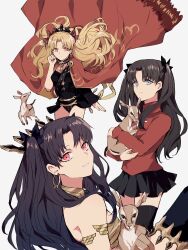 Rule 34 | 3girls, absurdres, animal, black hair, black leotard, black ribbon, black thighhighs, blonde hair, blue eyes, cape, closed mouth, commentary request, deer, earrings, ereshkigal (fate), expressionless, fate/grand order, fate/stay night, fate (series), floating hair, gold trim, grin, hair ribbon, highres, hoop earrings, ishtar (fate), jewelry, leotard, long sleeves, looking at viewer, miniskirt, multiple girls, parted bangs, pleated skirt, red cape, red eyes, red sweater, ribbon, simple background, single sleeve, skirt, smile, sodamachi, sweater, thighhighs, tiara, tohsaka rin, twitter username, two side up, white background