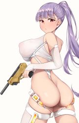 Rule 34 | 1girl, absurdres, phantom (last origin), ass, bare shoulders, breasts, character request, covered erect nipples, elbow gloves, fingerless gloves, from behind, gloves, gun, highres, holding, holding gun, holding weapon, large breasts, last origin, lomocya, long hair, looking at viewer, phantom (last origin), ponytail, purple hair, red eyes, revealing clothes, simple background, solo, weapon, white background, white gloves