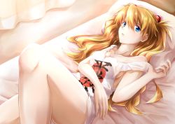 1girl, artist request, bare legs, bed, blue eyes, breasts, brown hair, hairpods, interface headset, long hair, medium breasts, neon genesis evangelion, on bed, pillow, shirt, solo, soryu asuka langley, two side up