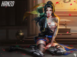Rule 34 | 1girl, arm tattoo, armor, armored boots, arrow (projectile), asymmetrical clothes, black hair, black panties, black thighhighs, blood, boots, brown eyes, character name, genderswap, genderswap (mtf), gloves, hanzo (overwatch), highres, liang xing, lips, long hair, looking at viewer, one breast out, overwatch, overwatch 1, panties, partially fingerless gloves, petals, ponytail, pot, quiver, sarashi, sitting, solo, tattoo, thighhighs, torn clothes, torn thighhighs, underwear, yokozuwari