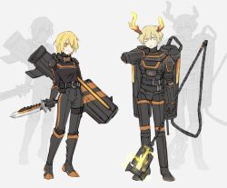 Rule 34 | 1boy, 1girl, antlers, belt, black belt, black footwear, black gloves, black pants, black sweater, blonde hair, boots, combat knife, cosplay, don quixote (project moon), energy gun, ffj off, full body, gloves, highres, holding, holding knife, holding staff, horns, knife, library of ruina, limbus company, looking at viewer, maxim (project moon), maxim (project moon) (cosplay), myo (project moon), myo (project moon) (cosplay), pants, project moon, reindeer antlers, sidelocks, sinclair (project moon), smile, staff, sweat, sweater, weapon, yellow eyes, zoom layer