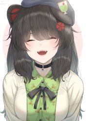 Rule 34 | 1girl, :d, absurdres, animal ears, black bow, black bowtie, black choker, black hair, black hat, bow, bowtie, choker, closed eyes, dog ears, facing viewer, floral print, flower, green shirt, hair flower, hair ornament, hat, highres, inui toko, jacket, long hair, long sleeves, nijisanji, open clothes, open jacket, open mouth, print shirt, rushian, shirt, simple background, smile, solo, virtual youtuber, white jacket