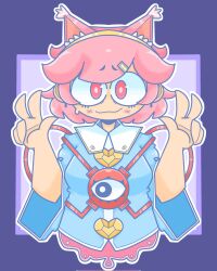 Rule 34 | 1girl, animal ears, blue shirt, blush, cat ears, closed mouth, commentary, double w, english commentary, heart, highres, komeiji satori, long sleeves, looking at viewer, mccum69, pink eyes, pink hair, purple background, shirt, short hair, solo, third eye, touhou, upper body, w