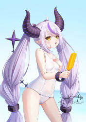 Rule 34 | 1girl, breasts, covered navel, demon girl, demon horns, food, gluteal fold, hand on own chest, highres, hololive, horns, la+ darknesss, long hair, multicolored hair, one-piece swimsuit, open mouth, pointy ears, popsicle, purple hair, school swimsuit, skyrail, small breasts, solo, streaked hair, swimsuit, thighs, very long hair, virtual youtuber, white one-piece swimsuit, yellow eyes