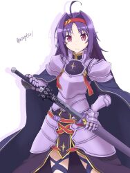 Rule 34 | 1girl, ahoge, armor, asagi501, breastplate, cape, closed mouth, commentary request, cowboy shot, cuirass, cuisses, drop shadow, gauntlets, gorget, hair intakes, headband, holding, holding sheath, holding sword, holding weapon, long hair, long skirt, looking at viewer, official alternate costume, pauldrons, pointy ears, purple armor, purple cape, purple hair, purple shirt, purple skirt, red eyes, red headband, rerebrace, sheath, shirt, shoulder armor, simple background, skirt, solo, standing, sword, sword art online, sword art online: memory defrag, turtleneck, turtleneck shirt, twitter username, unsheathing, weapon, white background, yuuki (integrity knight zekken) (sao), yuuki (sao)