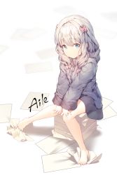 Rule 34 | 10s, 1girl, aile (crossroads), artist name, bare legs, barefoot, blue eyes, blush, bow, closed mouth, eromanga sensei, full body, hair bow, izumi sagiri, jacket, knees together feet apart, long hair, long sleeves, looking at viewer, paper, paper stack, pink bow, revision, signature, silver hair, sitting, solo, tareme