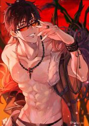 Rule 34 | 1boy, abs, belial (granblue fantasy), belial (summer) (granblue fantasy), bishounen, bracelet, brown hair, cross, cross necklace, feathers, glasses, granblue fantasy, groin, hair between eyes, hand on own face, highres, jewelry, looking at viewer, male focus, male swimwear, messy hair, muscular, muscular male, necklace, official alternate costume, pectorals, red background, red eyes, ring, sakuraba taku, short hair, signature, smile, solo focus, sunglasses, swim briefs, swimsuit, topless male