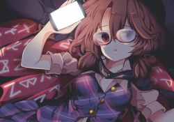 Rule 34 | 1girl, :o, alternate eye color, arm up, breasts, brown hair, cape, cellphone, commentary request, glasses, hair between eyes, holding, holding phone, looking at viewer, low twintails, maturiuta sorato, medium breasts, miniskirt, no headwear, parted lips, phone, plaid, plaid skirt, plaid vest, pleated skirt, puffy short sleeves, puffy sleeves, purple vest, red-framed eyewear, red eyes, shirt, short hair, short sleeves, skirt, skirt set, smartphone, solo, touhou, twintails, upper body, usami sumireko, vest, white shirt
