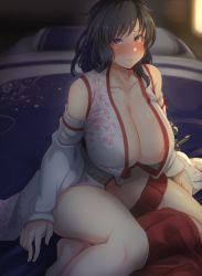 Rule 34 | black hair, blush, breasts, cleavage, commentary, detached sleeves, futon, highres, kantai collection, konoshige (ryuun), large breasts, no bra, no panties, partially undressed, pillow, red eyes, short hair, sitting, skirt, skirt around one leg, solo, yamashiro (kancolle)
