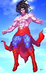 Rule 34 | 1boy, abs, black hair, black sclera, blue pants, boots, cape, colored sclera, dc comics, flying, hel (dc comics), highres, kryptonian, long hair, looking at viewer, looking down, male focus, muscular, muscular arms, muscular legs, muscular male, no shirt, pale skin, pants, pectorals, red eyes, scar, scar across eye, scar on face, scar on nose, sky, solo, uniform, veins