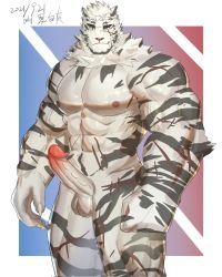 Rule 34 | 1boy, abs, animal ears, arknights, bara, completely nude, erection, feet out of frame, furry, furry male, grin, highres, large pectorals, male focus, male pubic hair, mountain (arknights), muscular, muscular male, navel, nipples, nude, onlybwg3, pectorals, penis, pubic hair, raised eyebrow, scar, scar across eye, scar on arm, scar on chest, scar on face, scar on leg, seductive smile, short hair, smile, solo, stomach, thick eyebrows, thick thighs, thighs, tiger boy, tiger ears, uncensored, white fur, white hair