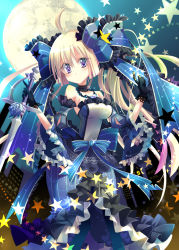 Rule 34 | 1girl, bad id, bad pixiv id, blonde hair, bow, breasts, detached sleeves, fantasy earth zero, female focus, frills, full moon, gloves, hair bow, jewelry, moon, necklace, night, outdoors, purple eyes, sky, solo, star (symbol), sword, weapon, yamadori yoshitomo
