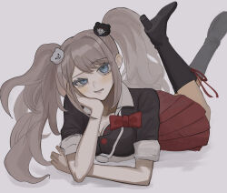Rule 34 | 1girl, black footwear, black skirt, blue eyes, blush, boots, bow, bowtie, breasts, cleavage, danganronpa: trigger happy havoc, danganronpa (series), enoshima junko, hand on own cheek, hand on own face, highres, long hair, medium breasts, michi (michiisidayo), necktie, pink hair, pleated skirt, red bow, red bowtie, skirt, sleeves rolled up, solo, twintails, white necktie
