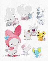 Rule 34 | :3, :o, animal focus, blue bow, bow, commentary request, creatures (company), dot mouth, full body, game freak, grey background, hand on own face, hand up, happy, li04r, maushold, maushold (family of four), miffy, miffy (character), mouse (animal), mr. flat, muffin (sanrio), my melody, nintendo, no humans, onegai my melody, open mouth, pokemon, pokemon (creature), rabbit, sanrio, scone (sanrio), simple background, solid circle eyes, solid oval eyes, standing, tandemaus, translation request