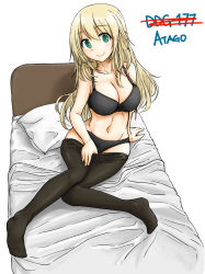 Rule 34 | 10s, 1girl, atago (kancolle), bad id, bad pixiv id, bed, bed sheet, black bra, black panties, black pantyhose, blonde hair, bra, breasts, cleavage, clothes pull, dutchko, green eyes, highres, kantai collection, large breasts, long hair, looking at viewer, panties, pantyhose, pantyhose pull, pillow, simple background, sitting, smile, solo, underwear, undressing, white background