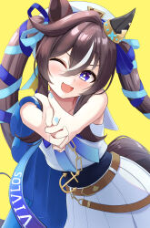 Rule 34 | 1girl, :3, absurdres, animal ears, bare shoulders, blue cape, blue nails, blush, bow, brown hair, cape, character name, commentary, covered navel, ear covers, english commentary, hair between eyes, hair bow, highres, horse ears, horse girl, horse tail, long hair, looking at viewer, multicolored hair, nail polish, one eye closed, open mouth, shirt, simple background, single ear cover, skirt, sleeveless, sleeveless shirt, solo, streaked hair, tail, twintails, umamusume, very long hair, white hair, white headwear, white shirt, white skirt, yellow background, yorikoto hachiyo