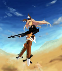Rule 34 | 00s, 1girl, blonde hair, goggles, gun, hanna-justina marseille, head wings, highres, kirisato itsuki, long hair, sky, smile, solo, strike witches, striker unit, tail, weapon, wings, witches of africa, world witches series